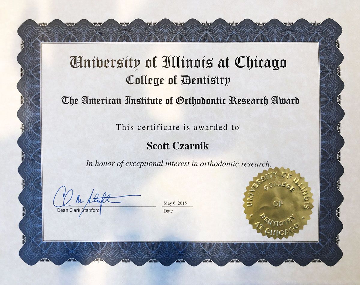 University of Illinois at Chicago College of Dentistry certificate with gold seal and signatures