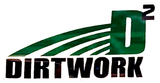 Green logo with "D&sup2; DIRTWORK" text; curved green stripes.