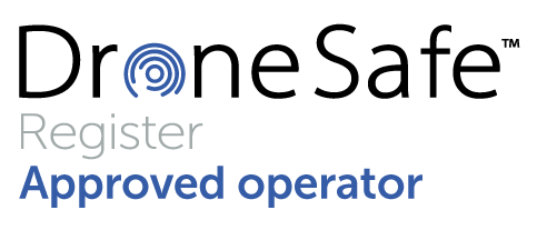 Drone Safe Register approved operator logo. Black text with a blue swirl design.