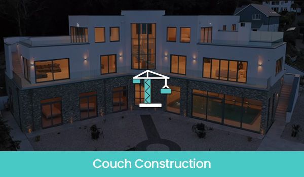 Modern white house with stone accents, a crane icon overlayed, and text 