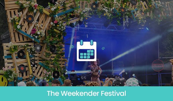 The Weekender Festival stage with floral decor and a calendar icon.