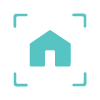 Turquoise house icon within a square, dashed frame.