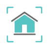 Teal house icon within a light blue square frame.