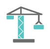 Construction crane with turquoise and gray details lifting a container.