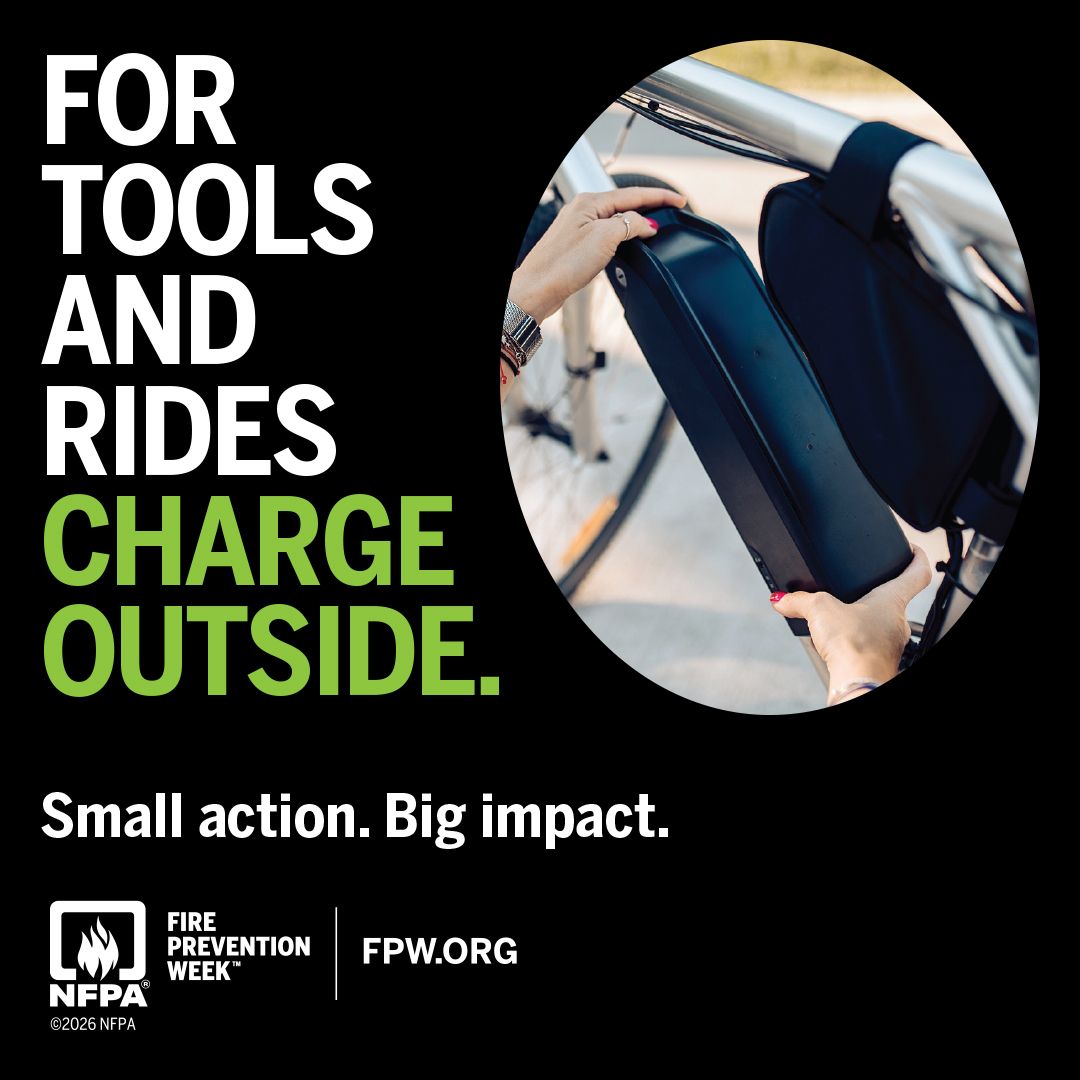 For tools and rides, charge outside. Removing an e-bike battery. Fire Prevention Week 2026, NFPA.