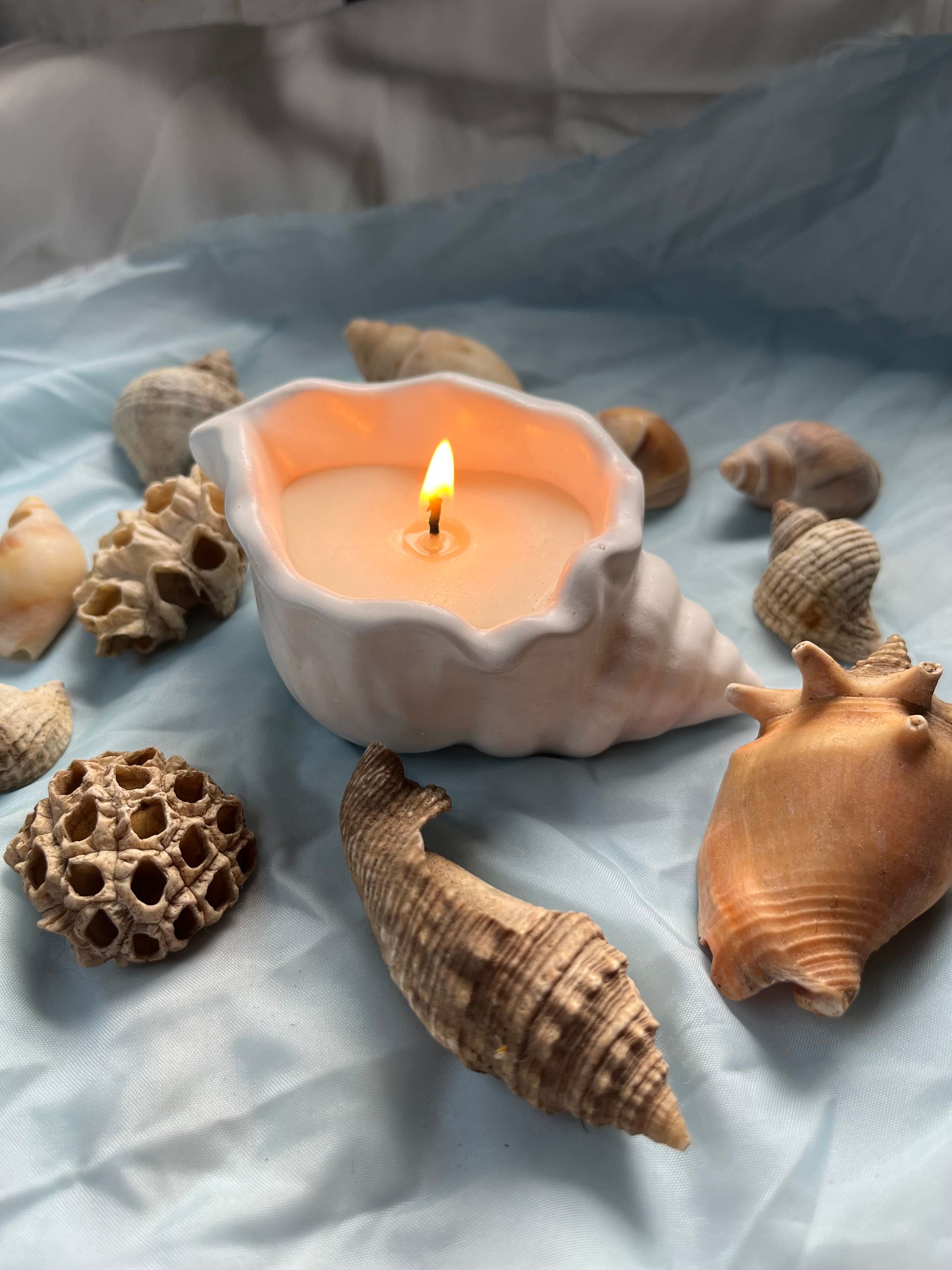 Vela encendida en un portavelas blanco con forma de concha, rodeada de conchas marinas sobre tela azul.