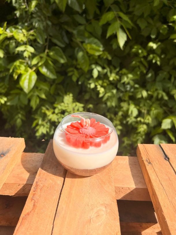 Vaso de postre de cristal con crema rosa y cobertura de fresa sobre un banco de madera al aire libre.
