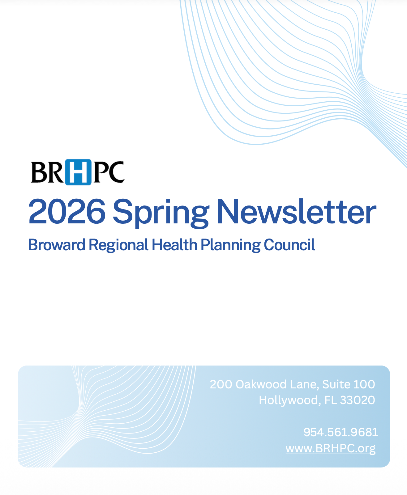 Spring 2026 newsletter cover for the Broward Regional Health Planning Council, featuring blue and green abstract waves.