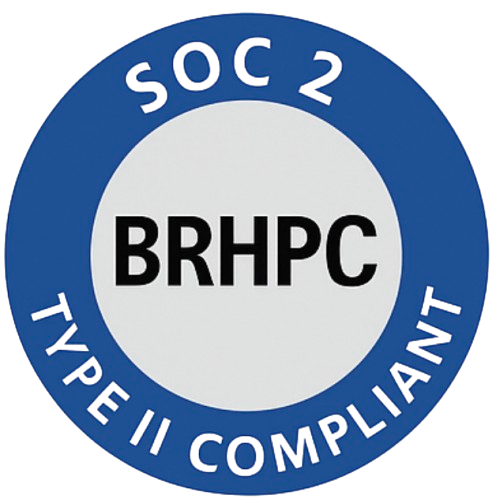 SOC 2 Type II Compliant seal for BRHPC in a blue and white circle.