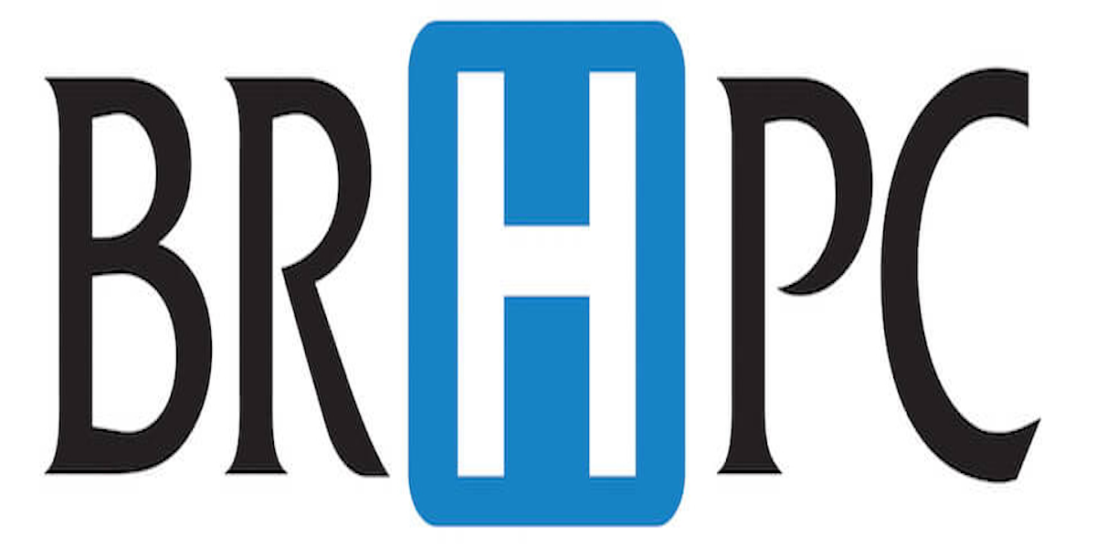 The logo for brh pc is blue and black with a blue rectangle in the middle.