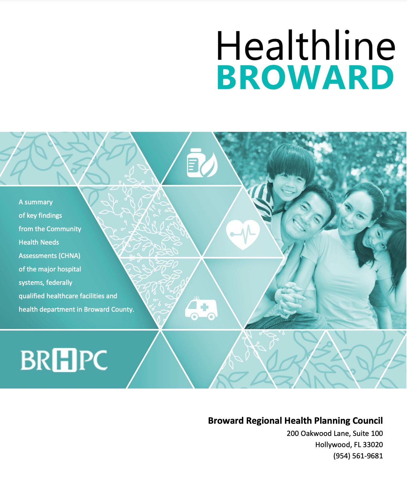 A healthline broward brochure with a picture of a family on the cover.