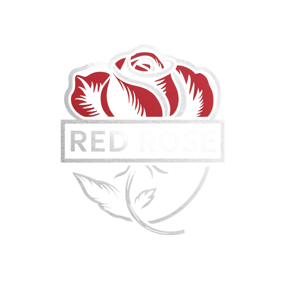 A red rose with leaves and the word red rose on it.