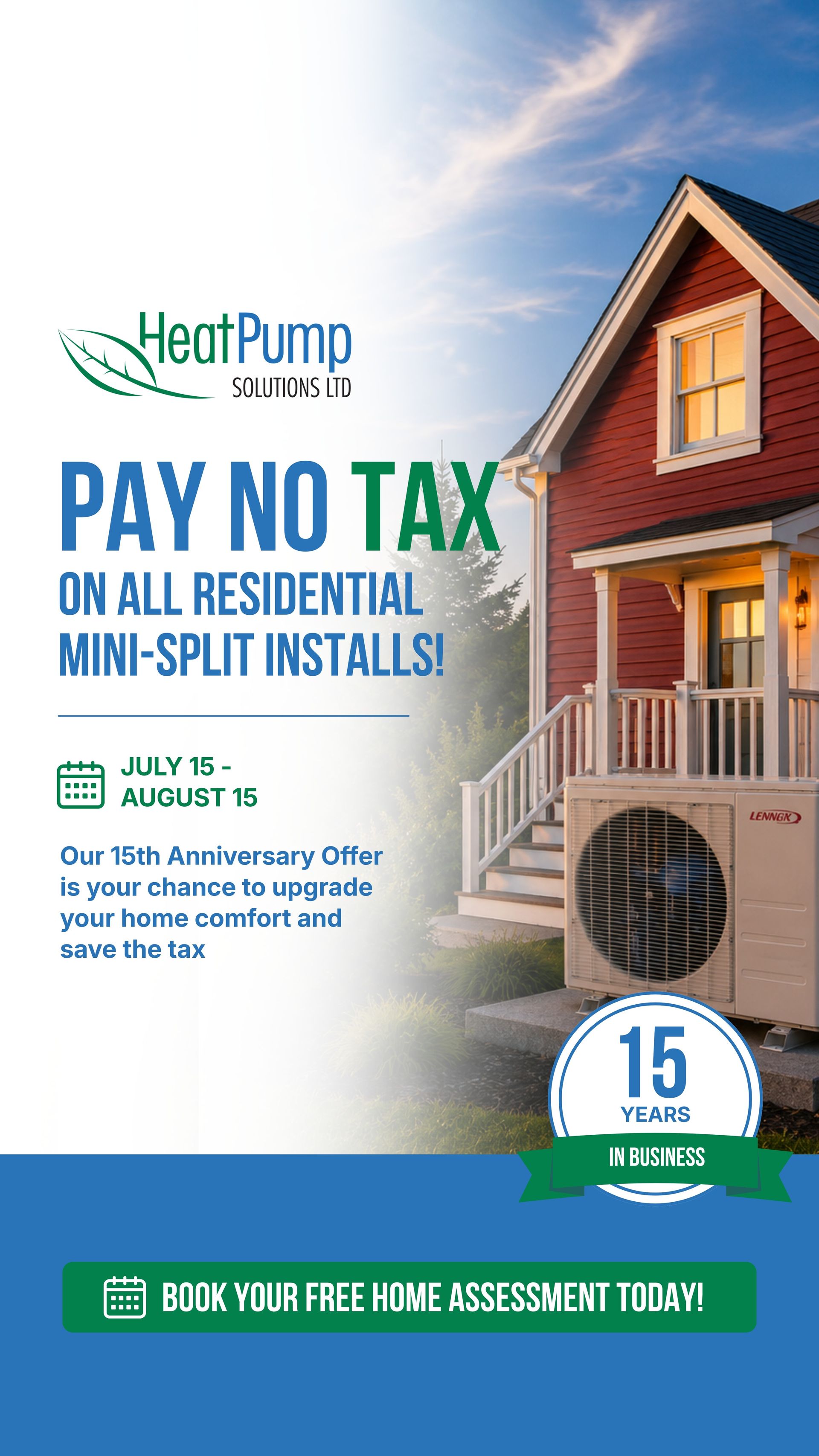 HeatPump ad: “Pay No Tax” on residential mini-split installs, with house, porch, and heat pump unit