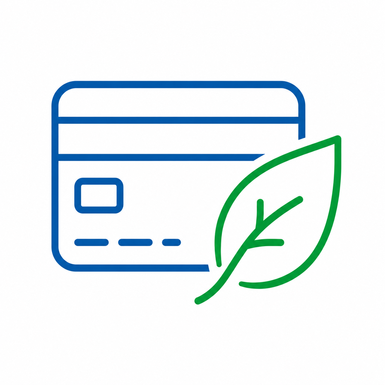 Blue credit card with green leaf icon, suggesting eco-friendly or sustainable payment.
