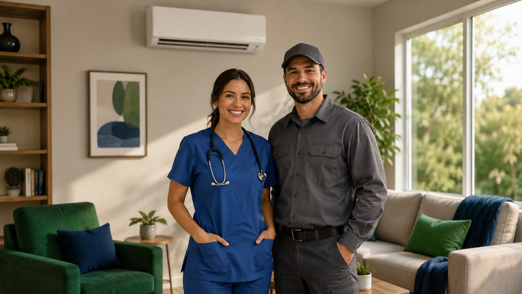 Two healthcare workers standing and smiling in a bright living room office setting