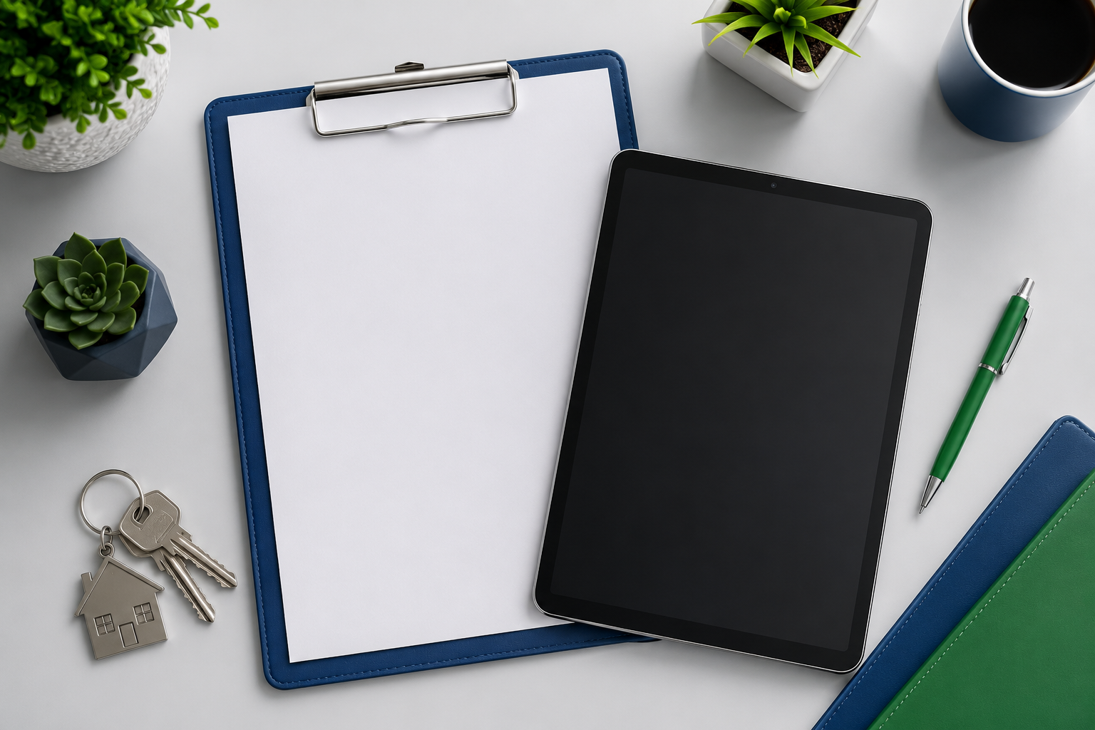Clipboard, black notebook, keys, pen, and plants on a light desk flat lay