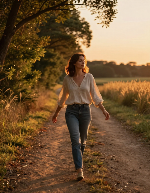 Mujer caminando por un sendero de tierra al atardecer junto a hierba alta y árboles.