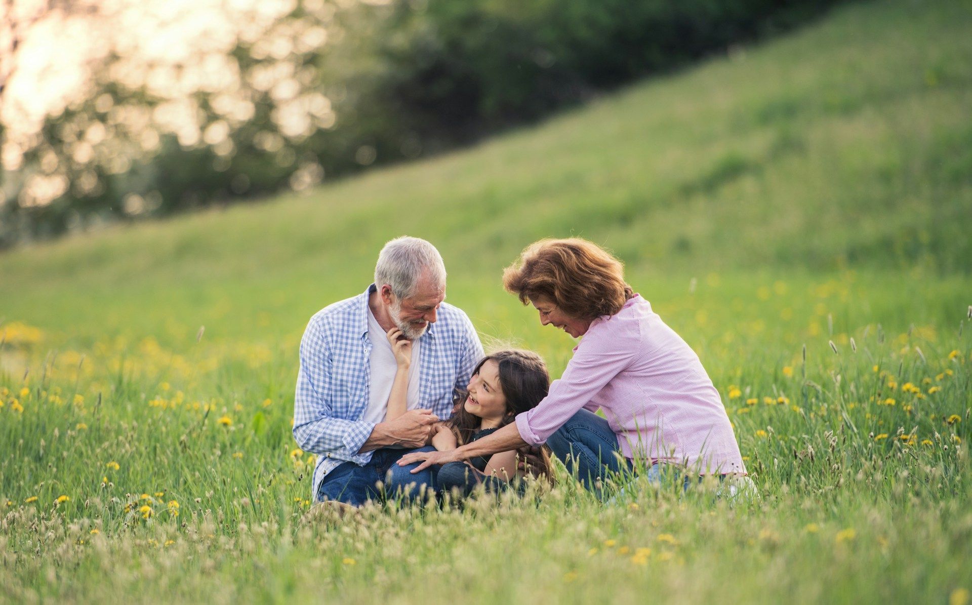 Grandparents and a child in a grassy field. The grandparents are touching the child. Green landscape.