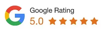 Google rating of 5.0 stars with the Google logo.