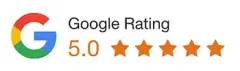 Google rating: 5.0 stars. Google logo with red, yellow, green, and blue colors. Five orange stars.