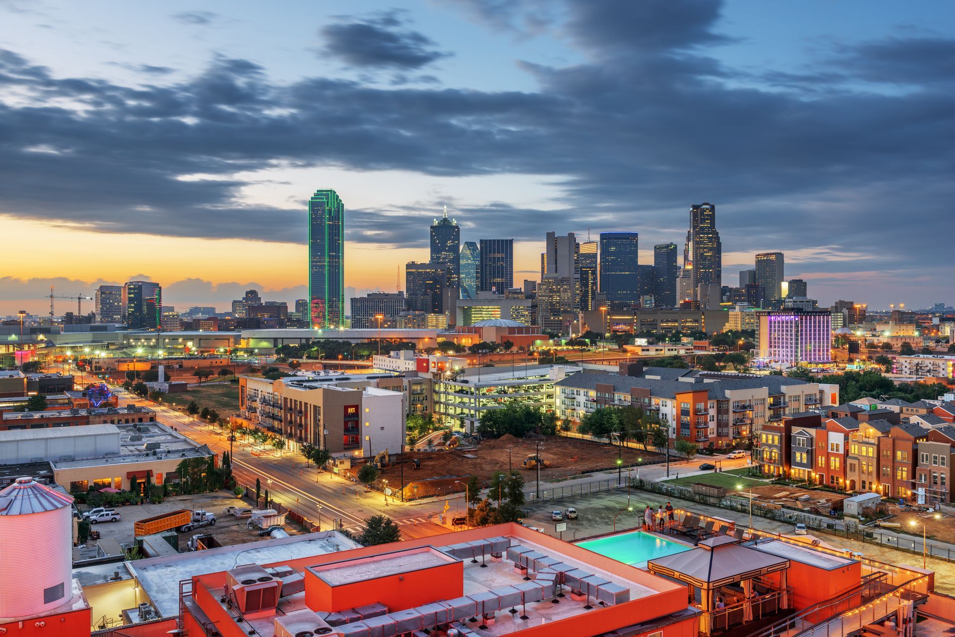 Dallas Texas skyline with cloudy background.