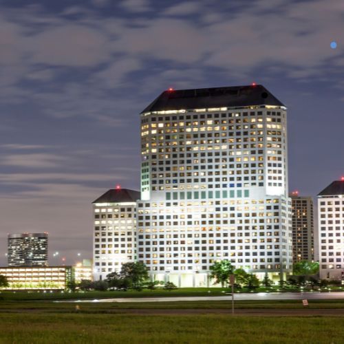 Lighted building at night in Irving Texas.