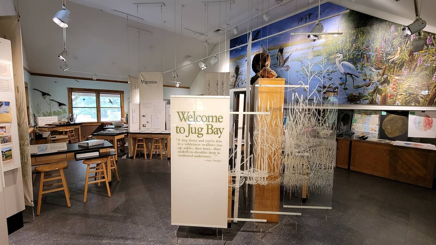Museum lobby with a welcome sign, wooden chairs, display cases, and a transparent hanging sculpture