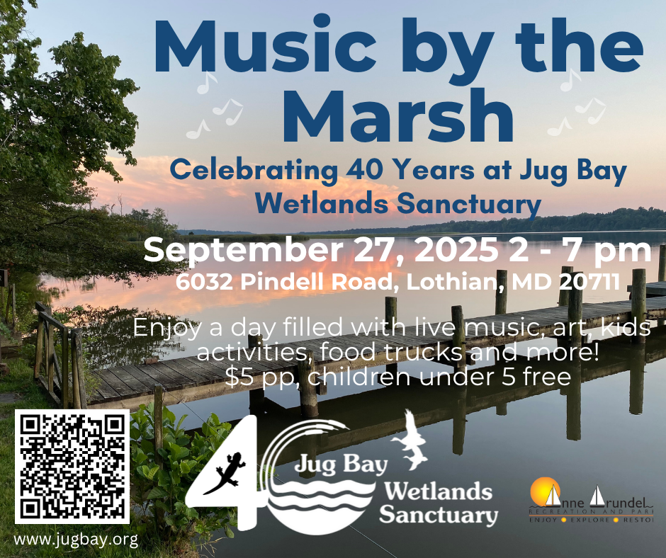 Music by the Marsh event flyer at Jug Bay Wetlands Sanctuary, Sept. 27, 2025, 2–7 pm, with QR code