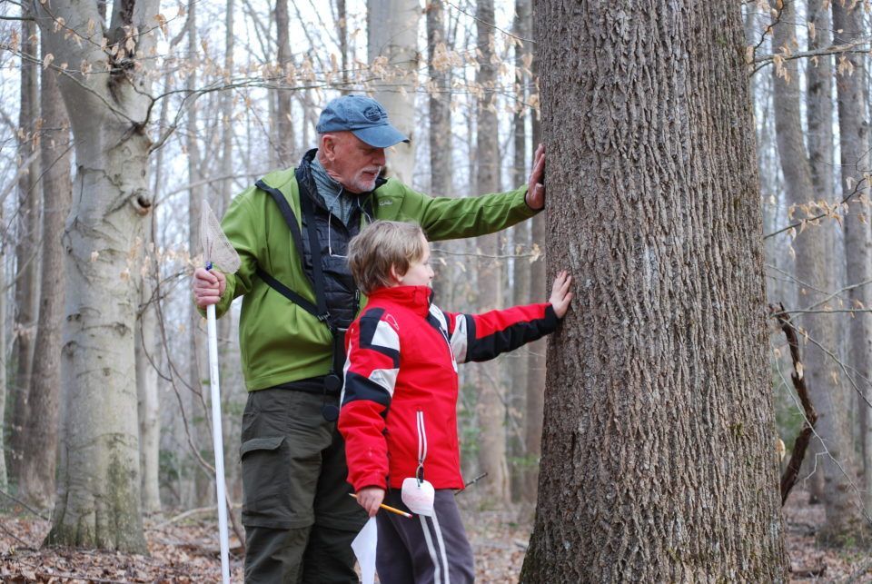 Two people in a leafless forest touch a large tree trunk, both wearing outdoor jackets.