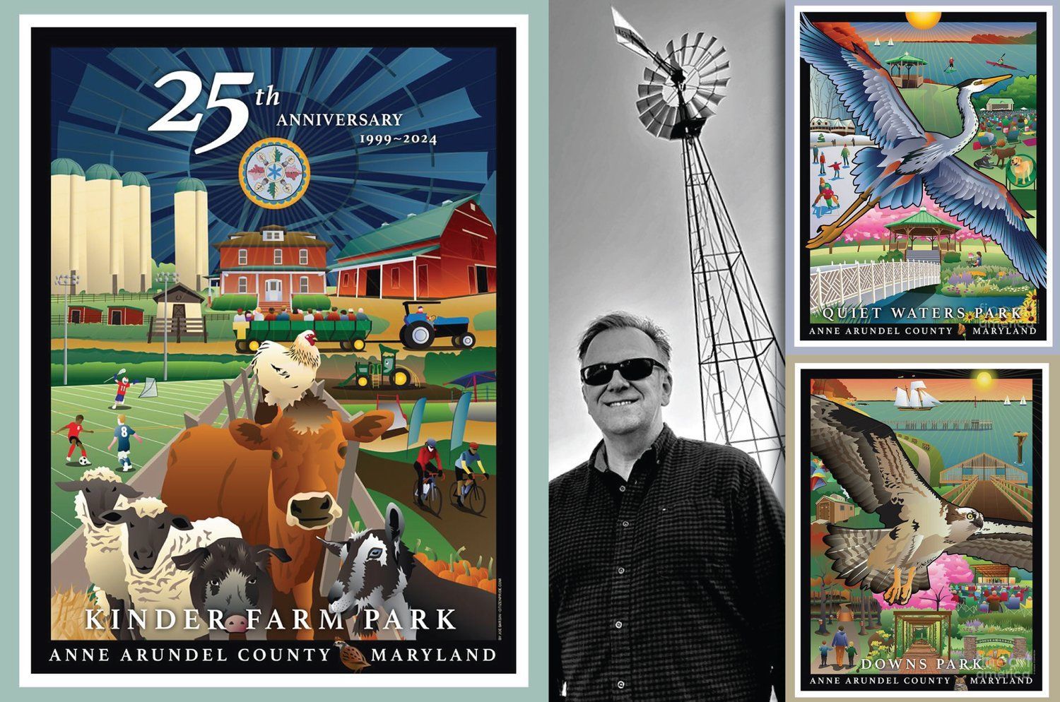 Collage of a farm-themed mural, a black-and-white portrait by a windmill, and two colorful poster art prints