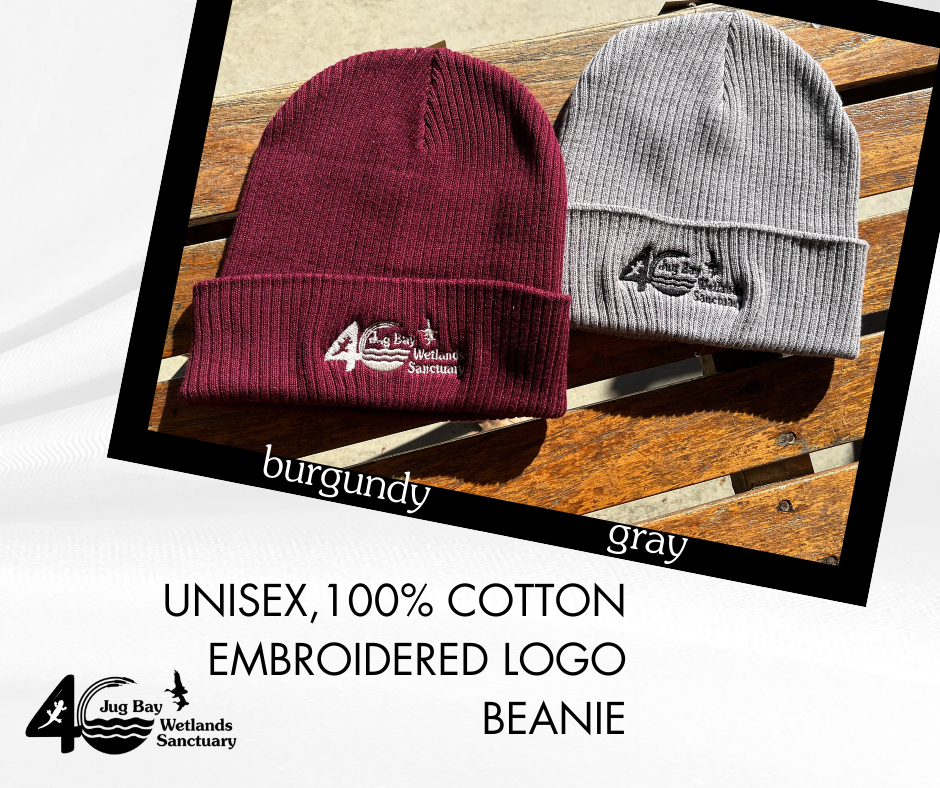 Burgundy and gray unisex cotton beanie hats with embroidered logo on a wooden surface.