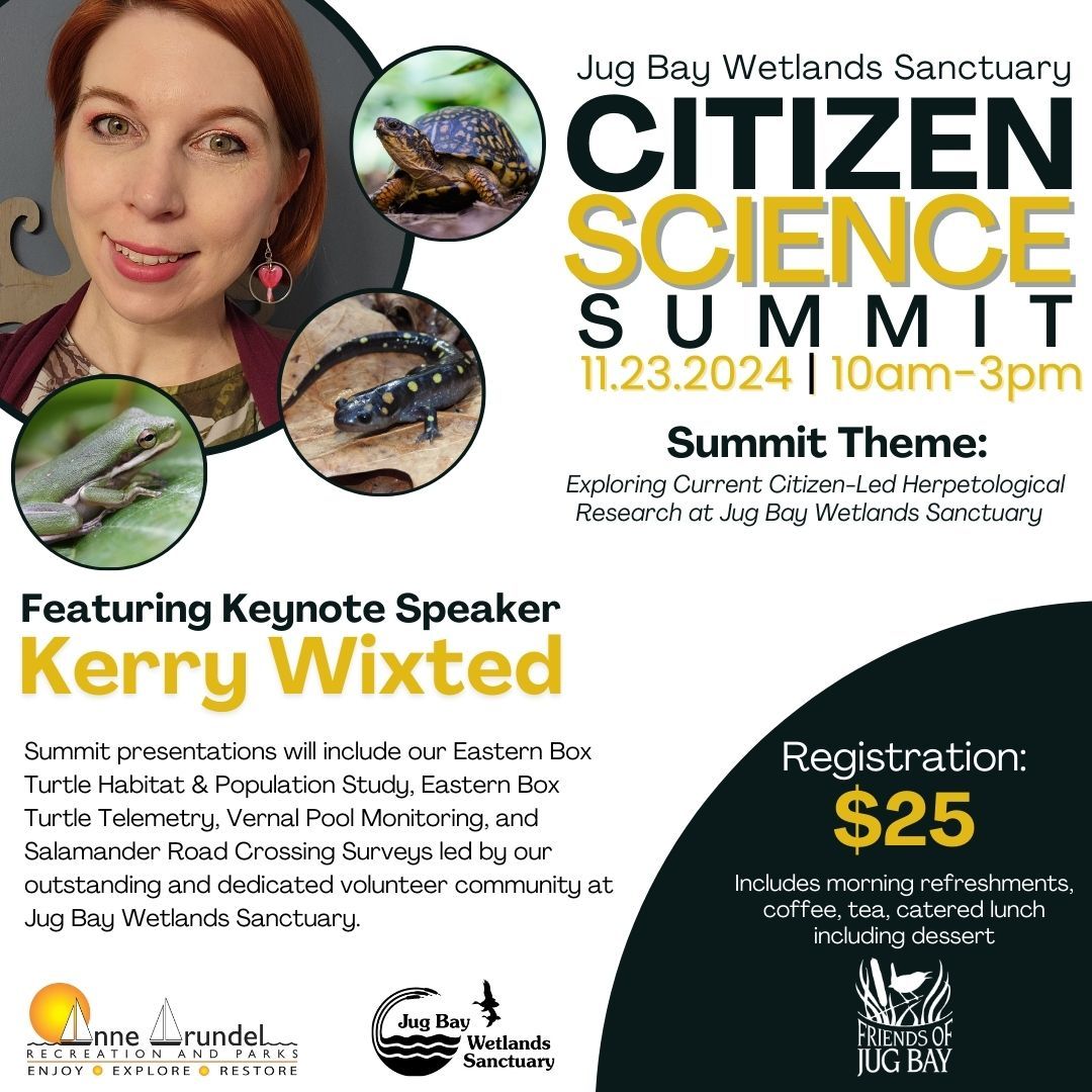 Citizen Science Summit poster with Kerry Wixted, wetland photos, and $25 registration details
