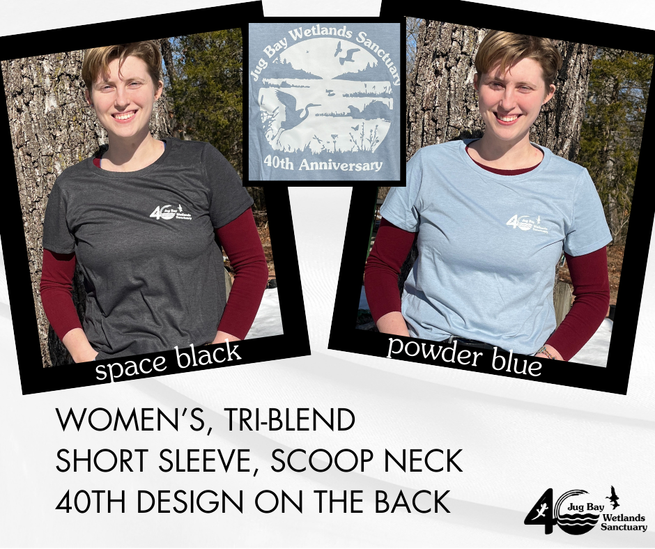 Model in black and powder blue tri-blend scoop-neck shirts with 40th anniversary back design