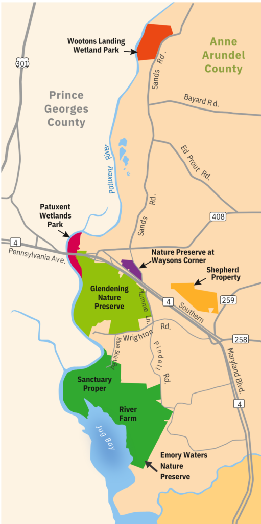 Color-coded map of Maryland counties with labeled areas around the Chesapeake Bay and Patuxent River