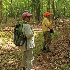 Two hikers with backpacks on a forest trail, one holding trekking poles