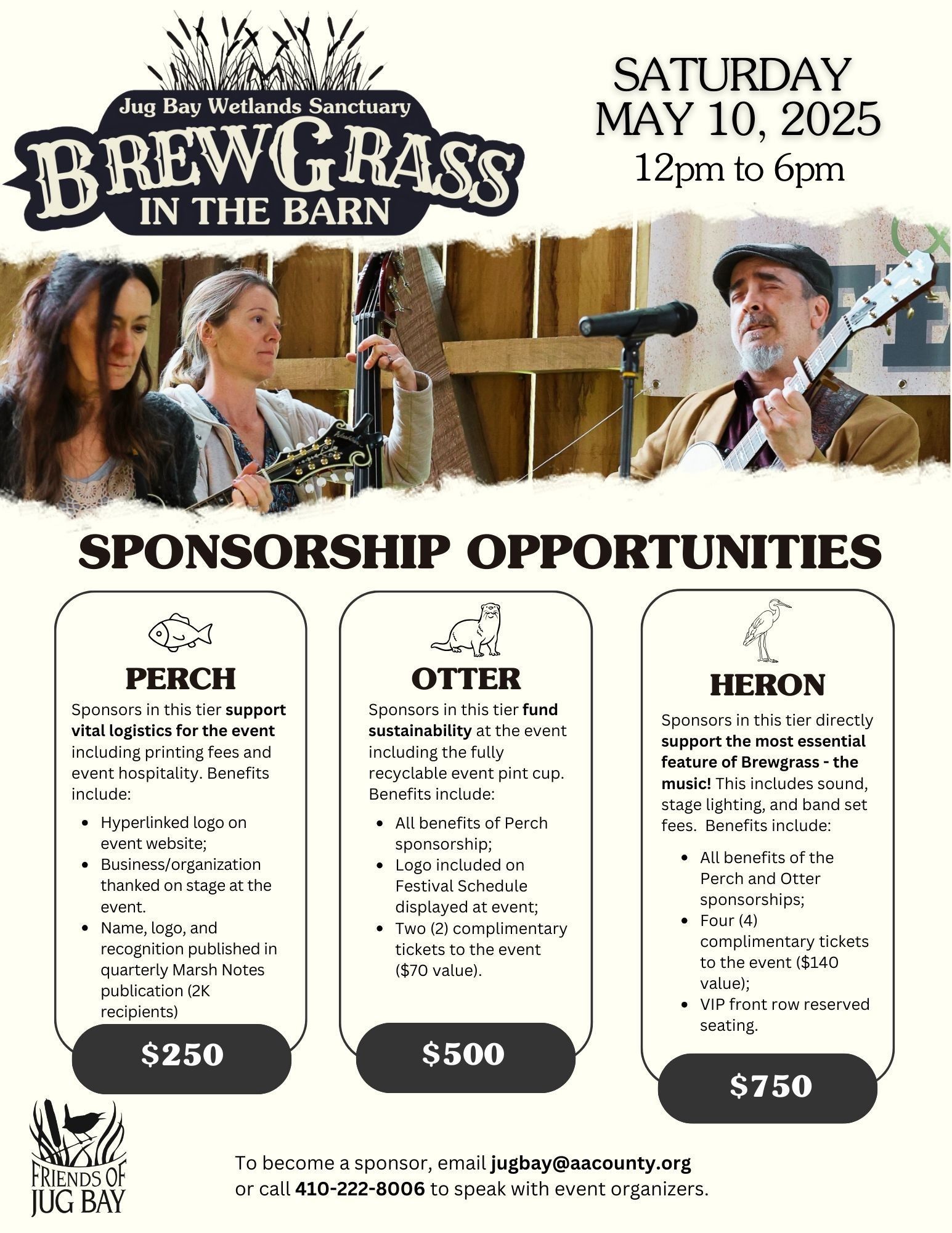 Brewgrass in the Barn event flyer with man playing banjo, May 10, 2025, sponsorship opportunities and prices.