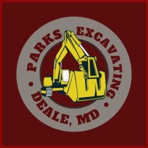 Logo for Parks Excavating, Deale, MD, with yellow excavator on a red background