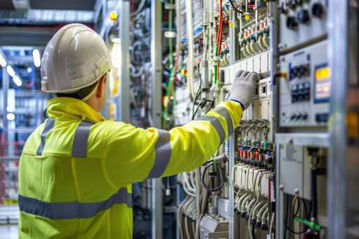 Commercial electrician in safety gear inspecting and working on an industrial electrical control panel system in a commercial facility