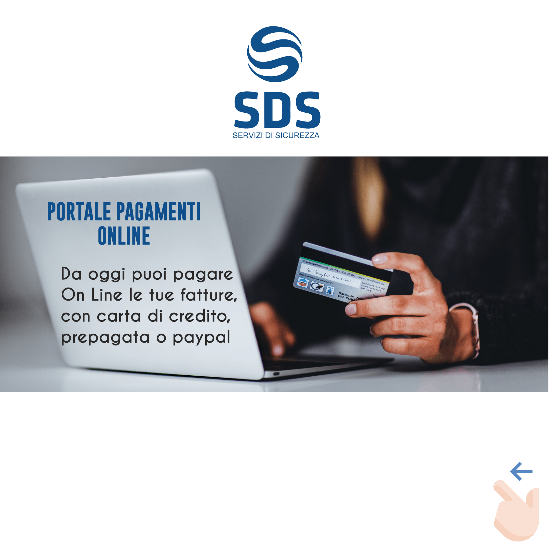 Donna che paga bollette online con carta di credito, utilizzando un computer portatile. Logo SDS in alto.