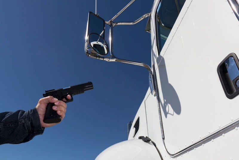 Mano che impugna una pistola, puntata verso un camion.