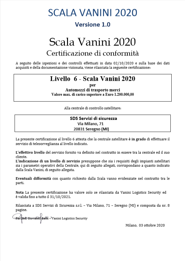 Certificato di conformità Scala Vanini 2020, livello 6, con dati aziendali.