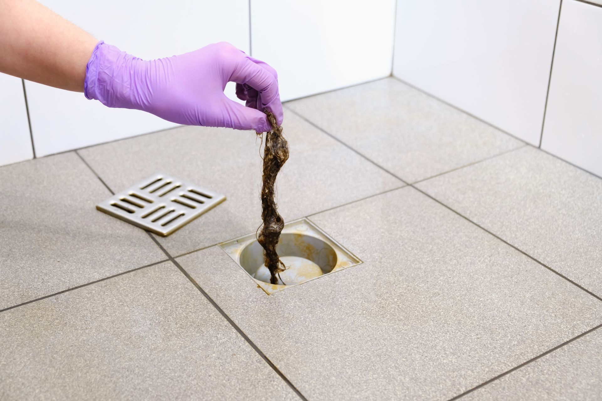 Person in purple gloves removes a hair clog from a shower drain.