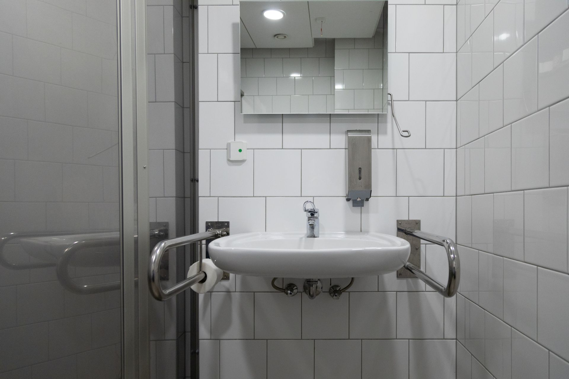 Bathroom with a white sink, mirror, soap dispenser, and grab bars.