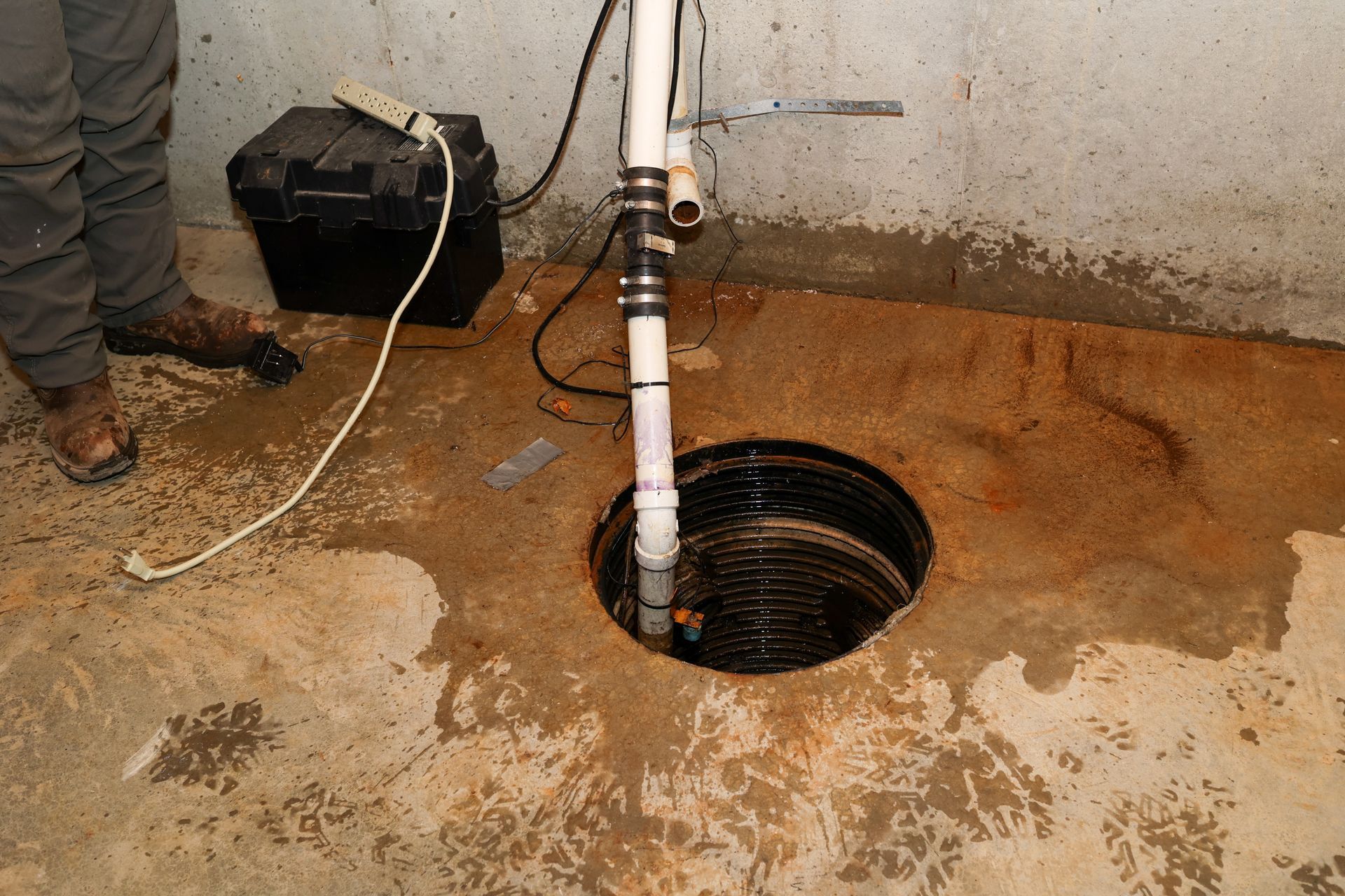 A sump pump in a concrete basement floor; the area around it is wet.