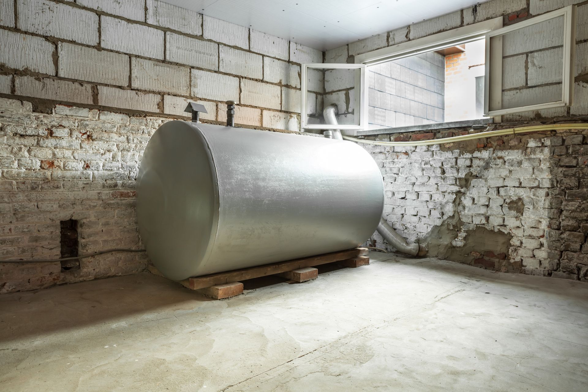 Large silver cylindrical tank in a bare brick basement room with a small window and concrete floor