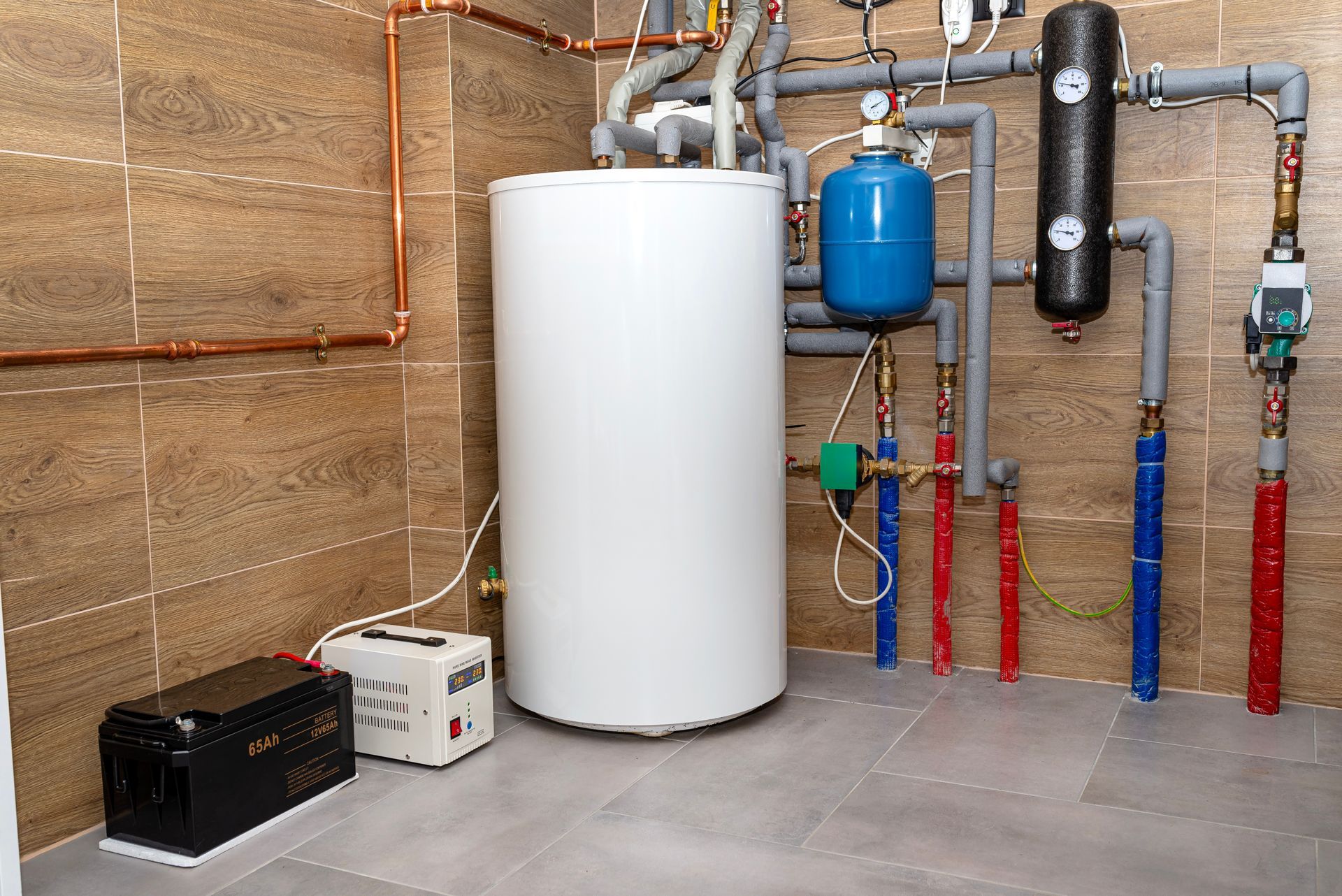 Water treatment equipment in a utility room: white tank, blue pressure tank, pipes, valves, and control boxes.