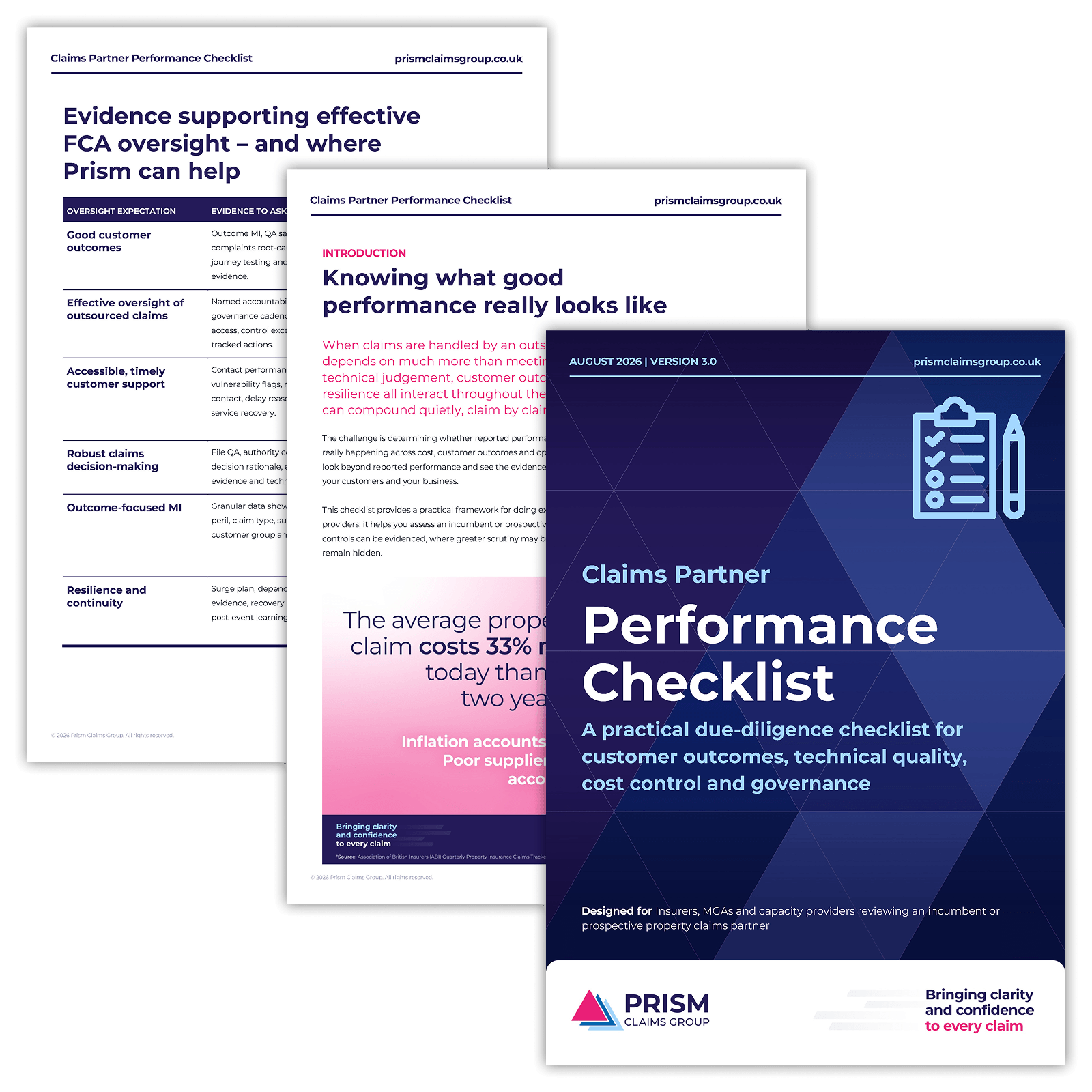 Stack of PRISM performance checklists and guidance sheets in blue, pink, and white.