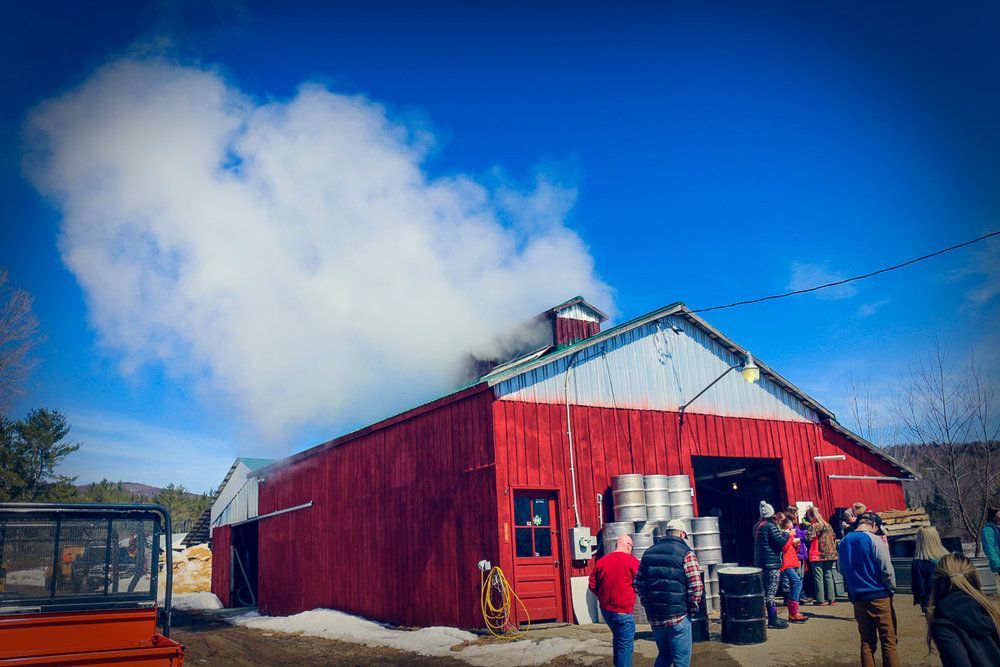 Steam rises from a red sugar shack in winter, with a small group of people gathered outside.