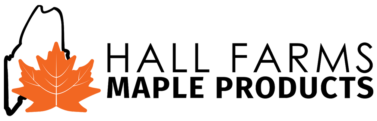 The logo for Hall Farms Maple Products features an orange maple leaf over an outline of Maine with bold black text.