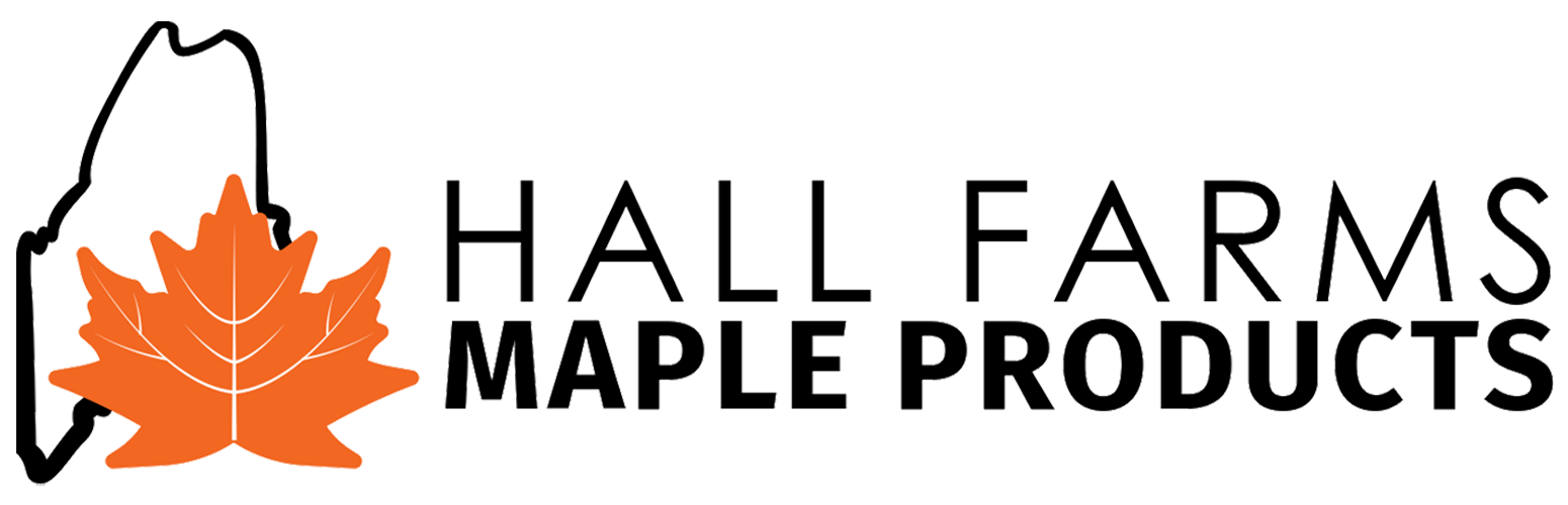 The logo for Hall Farms Maple Products features an orange maple leaf over an outline of Maine with bold black text.
